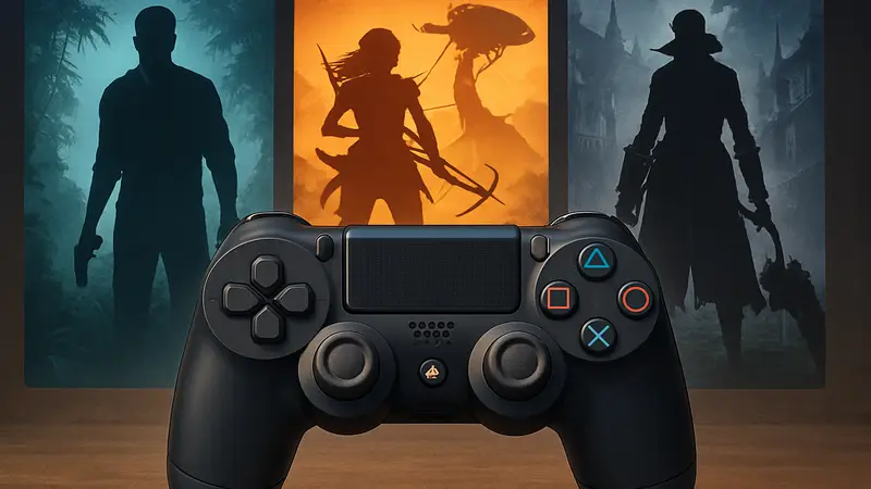 Игровой контроллер DualShock 4 на фоне ярких обложек классических игр для PS4