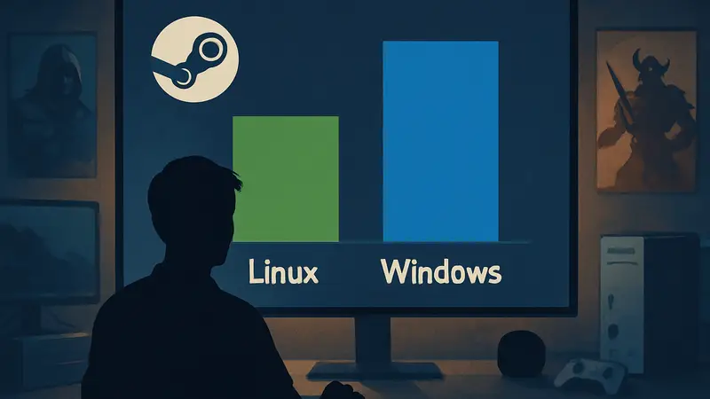 График Steam-опроса, показывающий долю Linux и Windows среди геймеров, статистика ОС