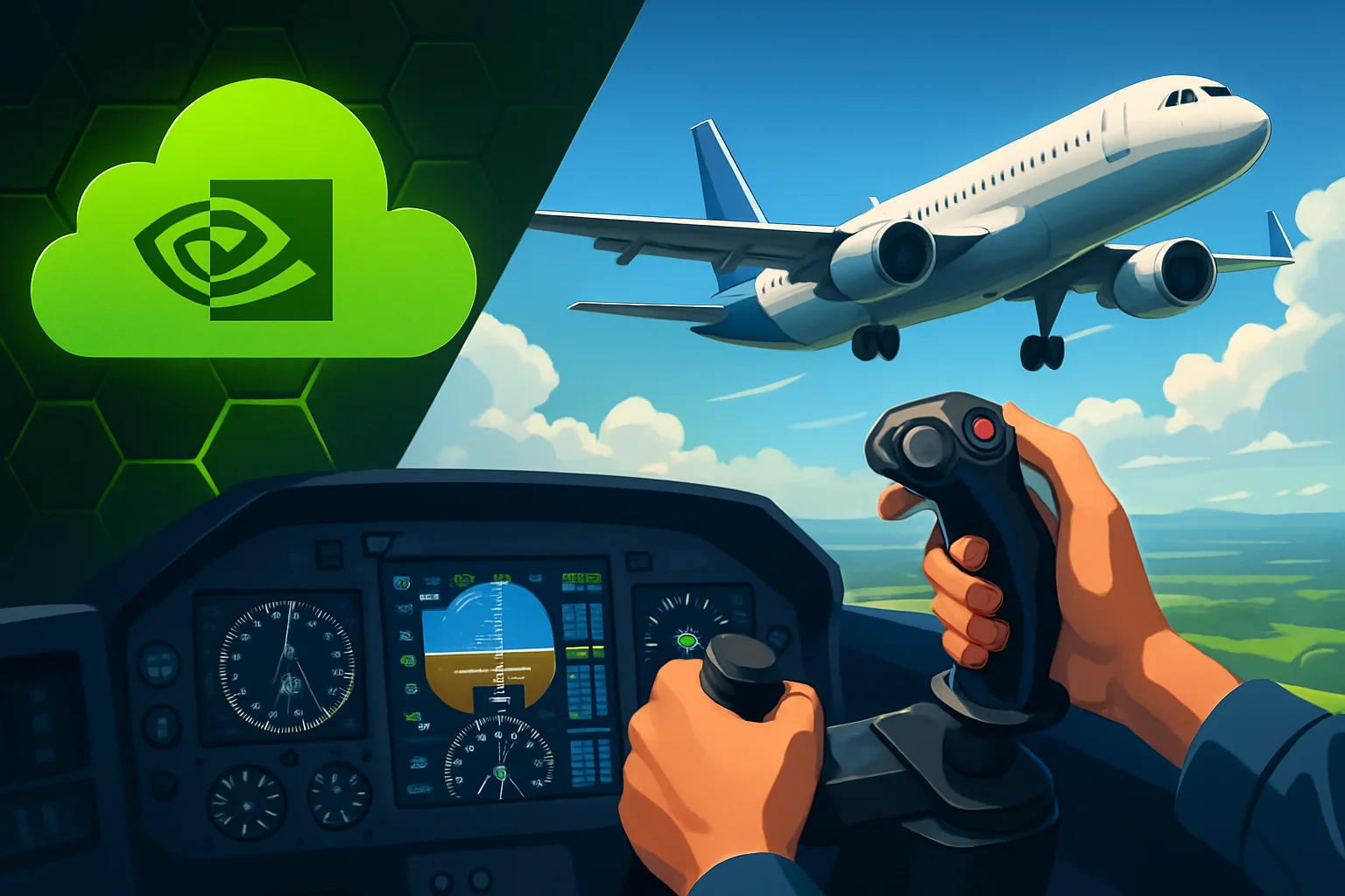 Виртуальный самолёт или кабина пилота в игре, запущенной через GeForce Now с контроллером