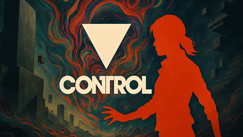 Логотип игры Control от Remedy Entertainment на фоне психоделических элементов. Героиня Джесси Фейден.