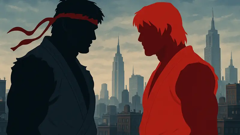 Рю и Кен из Street Fighter в драматической позе, смотрят друг на друга с напряжением на фоне города.