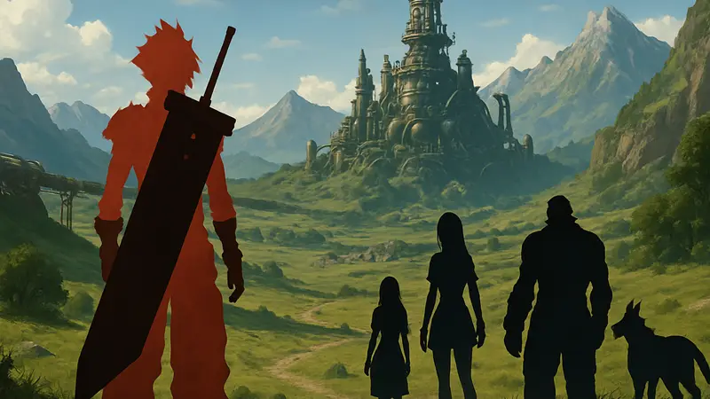Арт из игры Final Fantasy 7 Revelation, изображающий персонажей в открытом мире.