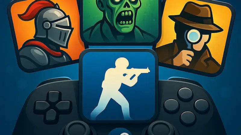 Изображение четырёх различных иконок бесплатных игр Steam на фоне игрового контроллера