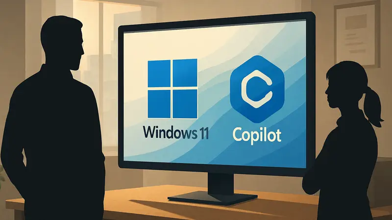 Логотип Windows 11 на экране компьютера, рядом иконка Copilot, изменения Microsoft.