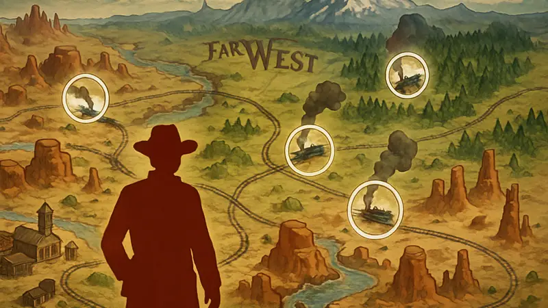 Игровая карта Far Far West с отмеченными локациями крушений поездов для гайда.