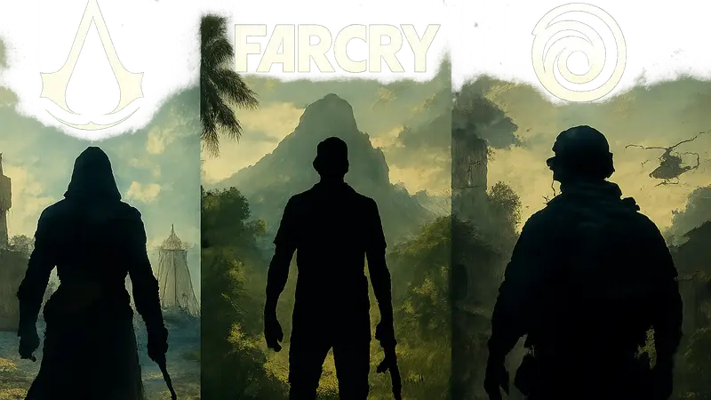Логотипы игр Ubisoft: Assassin's Creed, Far Cry и Ghost Recon, на фоне игрового мира, символизирующие их возвращение и новую стратегию компании.