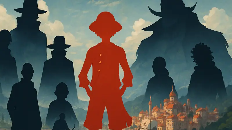 Коллаж из семи самых влиятельных персонажей аниме One Piece, включая Луффи и Белоуса.