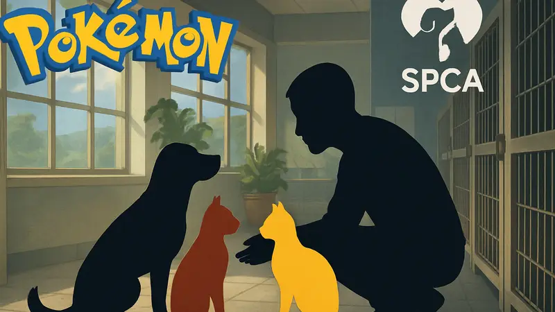 Логотип Pokémon и Louisiana SPCA, собака и кошка, ждущие усыновления