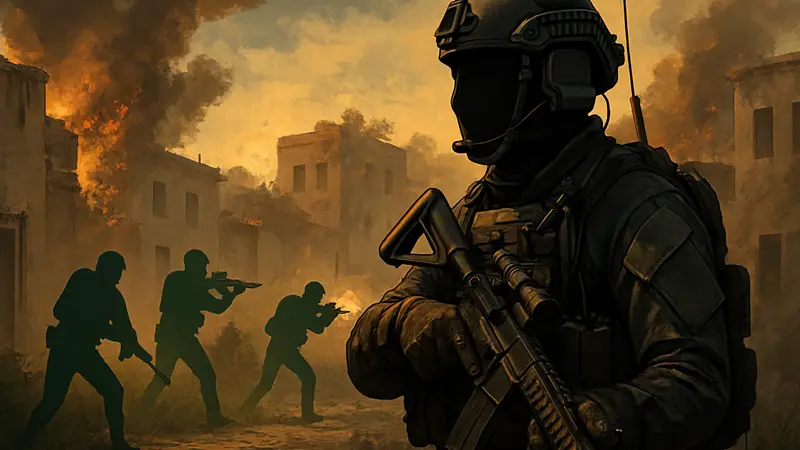 Обложка игры Ground Branch с бойцом спецназа в полной тактической экипировке и оружием на фоне боевых действий.