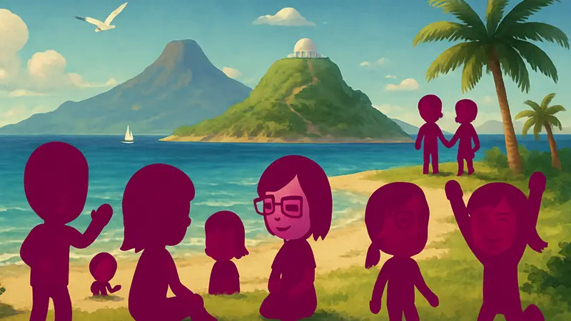 Арт из Tomodachi Life Living The Dream с персонажами Miis на острове