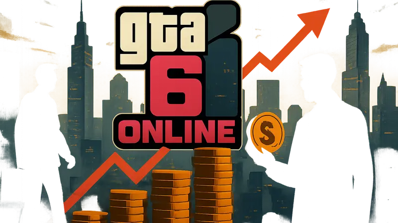 Логотип GTA 6 Online на фоне городских пейзажей, символизирующий агрессивную монетизацию и инвестиции.