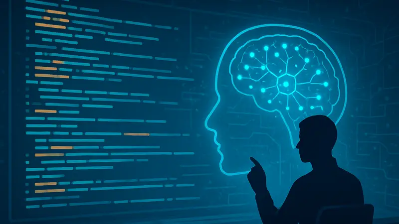 Футуристическое изображение кода на экране, абстракция ИИ и программирования.