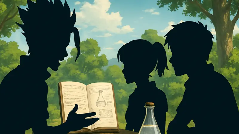 Герои аниме Dr. Stone обсуждают научные открытия на фоне дружбы.