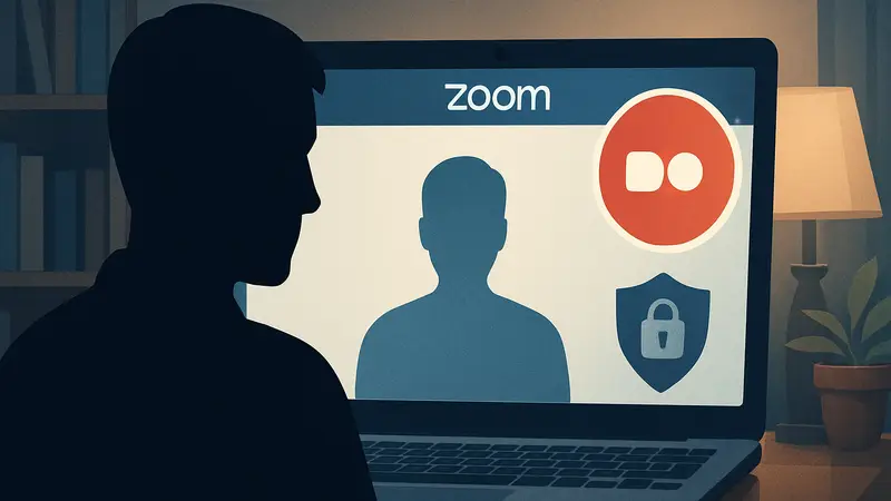 Изображение демонстрирует интерфейс Zoom с иконкой записи, акцентируя внимание на конфиденциальности.