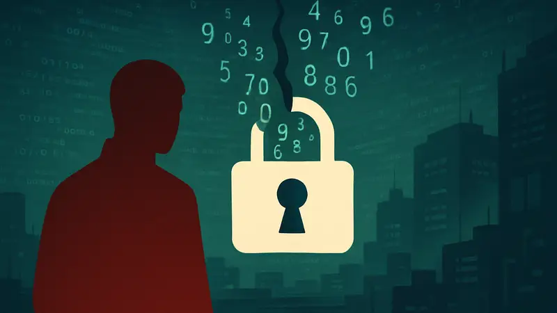 Символ утечки данных, замок и цифры, связанные с кибератакой Marquis