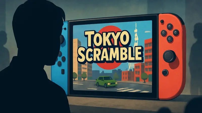 Логотип игры Tokyo Scramble на фоне консоли Nintendo Switch 2, демонстрирующей некачественную графику.