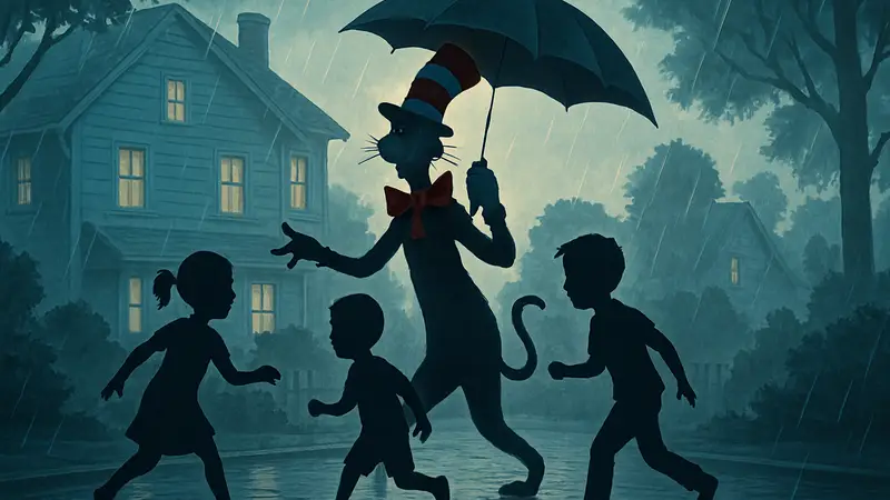 Обложка игры The Cat in the Hat: Rainy Day Mayhem с Котом в шляпе и детьми.
