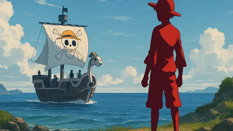 Луффи из One Piece смотрит на горизонт, его команда видна на корабле сзади, символизируя ожидание нового члена