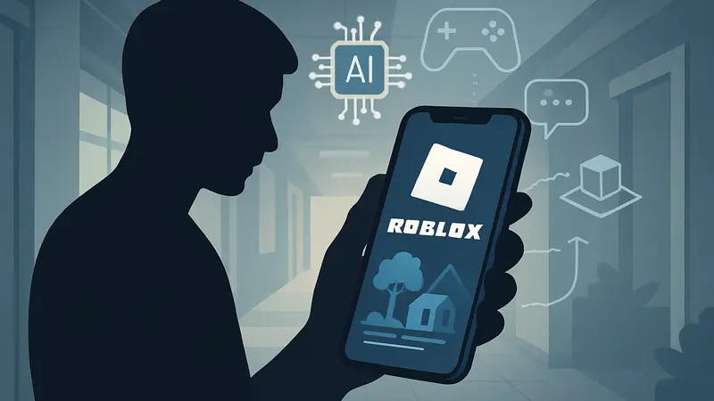 Мобильный телефон с логотипом Roblox и схематичными элементами ИИ-генерации игр, символизирующий новую функцию.
