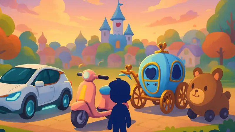 Разнообразные транспортные средства, припаркованные в ярком игровом мире Heartopia на закате.