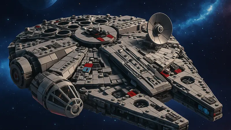 Набор LEGO Star Wars Millennium Falcon, собранный и выставленный на фоне космического пейзажа.