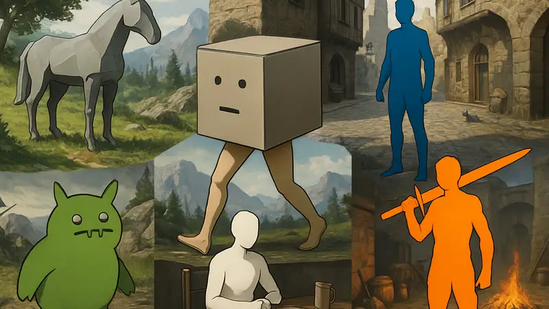 Коллаж из забавных и нелепых временных ассетов из игр, созданных разработчиками вручную.