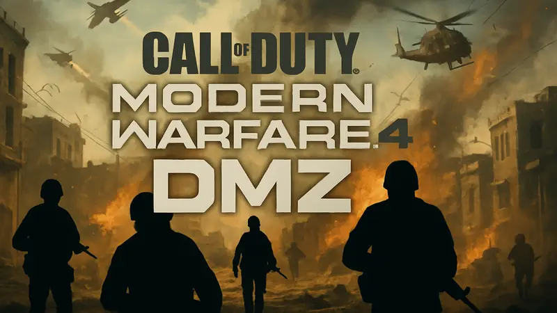 Логотип Call of Duty: Modern Warfare 4 DMZ на фоне боевых действий.