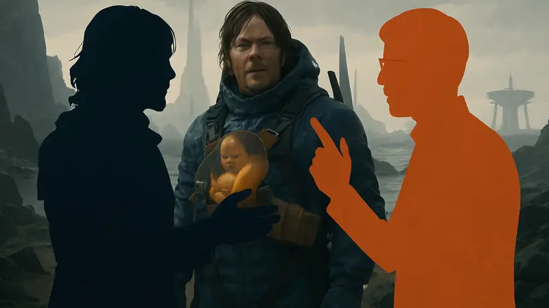 Скриншот из Death Stranding 2 с Норманом Ридусом и Хидео Кодзимой, обсуждающими сюжетный поворот.