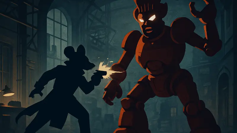 Главный герой MOUSE: P.I. For Hire сражается с боссом Robo-Betty Mark III в нуарном стиле