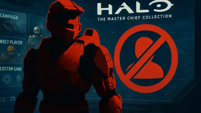 Изображение Мастера Чифа на фоне интерфейса Halo MCC. Обновление против читеров.