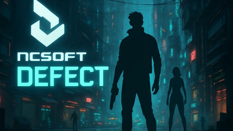 Логотип NCSOFT и название игры DEFECT в футуристическом киберпанк-стиле.