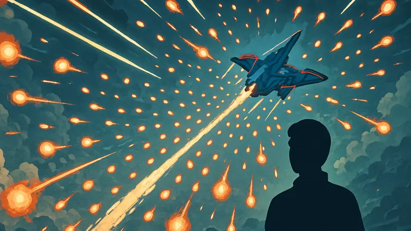 Скриншот игры Wind Runners с интенсивным bullet-hell сражением и космическим истребителем.