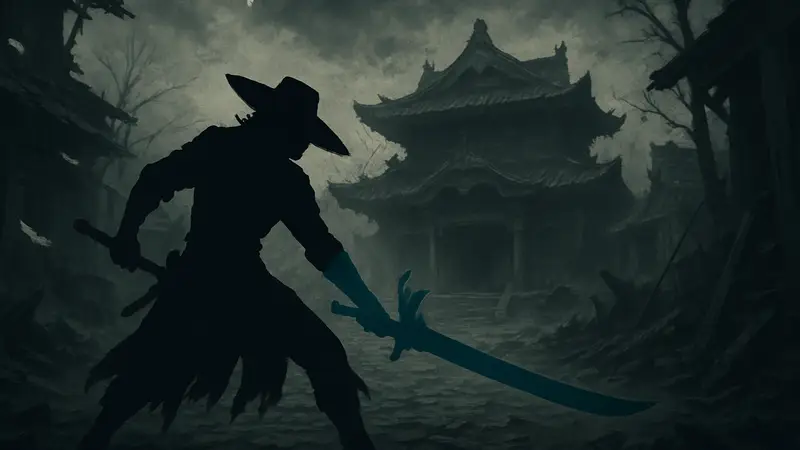 Темный арт-дизайн Wuchang: Fallen Feathers с персонажем в боевой позе, символизирующий трудности разработки.