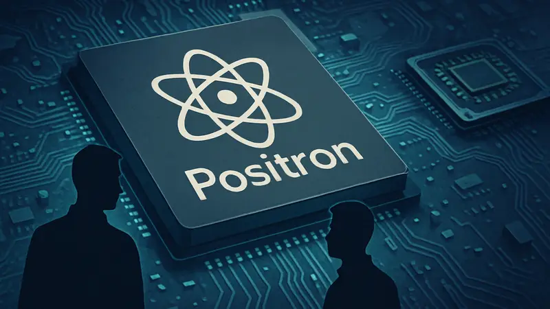 Логотип Positron на фоне микросхемы, символизирующей конкуренцию с чипами Nvidia в сфере ИИ.