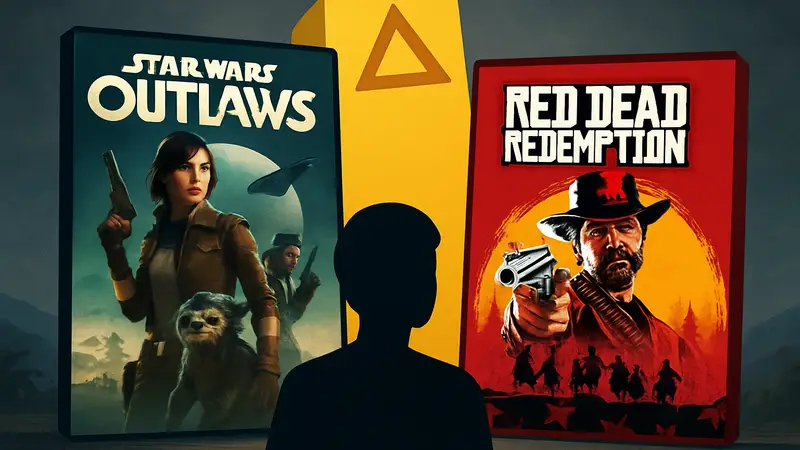 Обложки игр Star Wars Outlaws и Red Dead Redemption 2 на фоне логотипа PlayStation Plus.