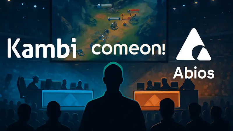 Логотипы Kambi Group, ComeOn Group и Abios на фоне киберспортивного матча.