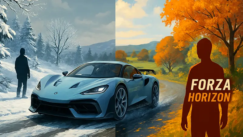 Forza Horizon 6 автомобиль едет по заснеженной дороге, смена сезонов