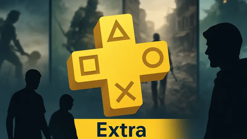 Логотип PS Plus Extra, на фоне которого показаны размытые изображения игр, символизирующие утечку