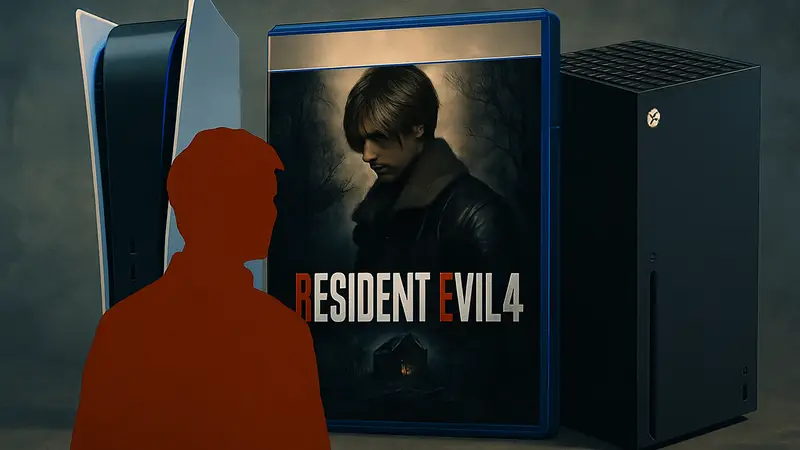 Обложка Resident Evil 4 Remake на фоне PlayStation 5 и Xbox Series X.