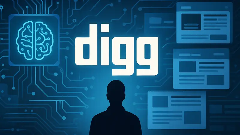 Логотип Digg на фоне абстракции с элементами ИИ и новостных лент.