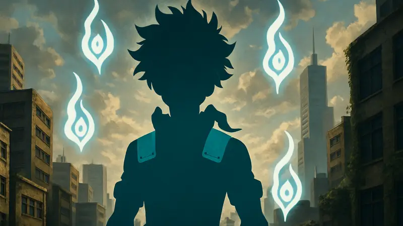 Герой из My Hero Academia с символами пробуждения силы вокруг него, демонстрирующий Причуды.
