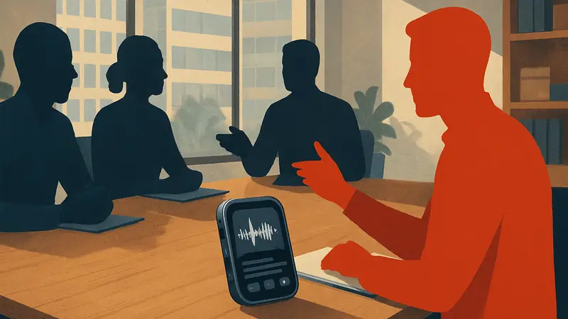 ИИ-диктофон на столе во время деловой встречи, делает записи и транскрипцию