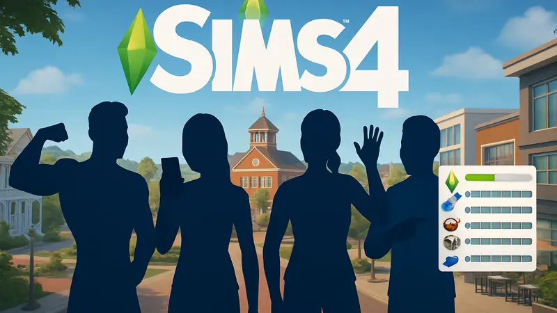 Обложка игры The Sims 4 с персонажами, демонстрирующая читы на навыки в игровом меню.