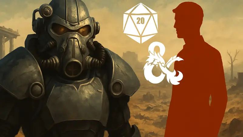 Обложка игры Fallout с персонажем в силовой броне и символами D&D на фоне постапокалиптической пустыни.