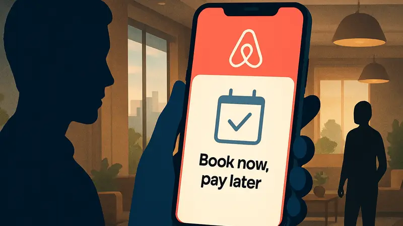 Мобильное приложение Airbnb с опцией "Бронируй сейчас, плати позже" на экране смартфона.