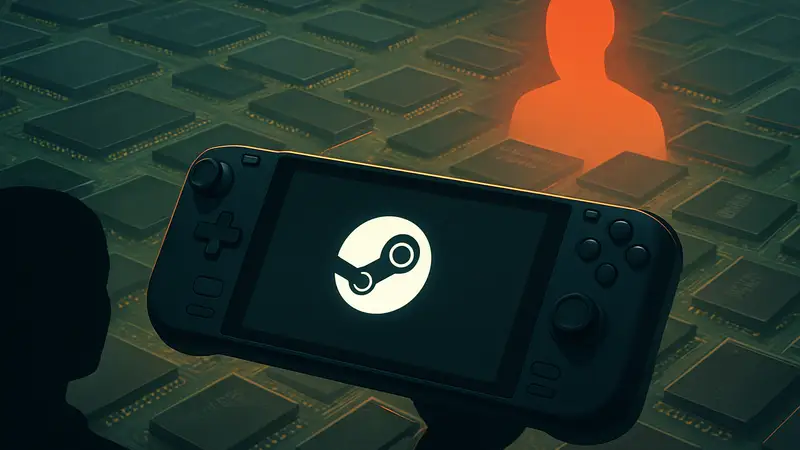 Изображение Steam Deck OLED на фоне микросхем памяти, показывающее дефицит комплектующих из-за ИИ.