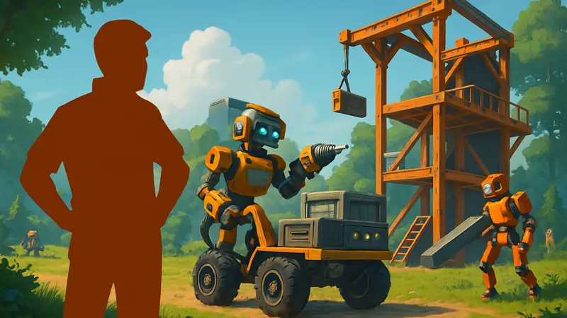 Игровой скриншот Scrap Mechanic с роботами и механизмами, демонстрирующий строительство в версии 1.0.