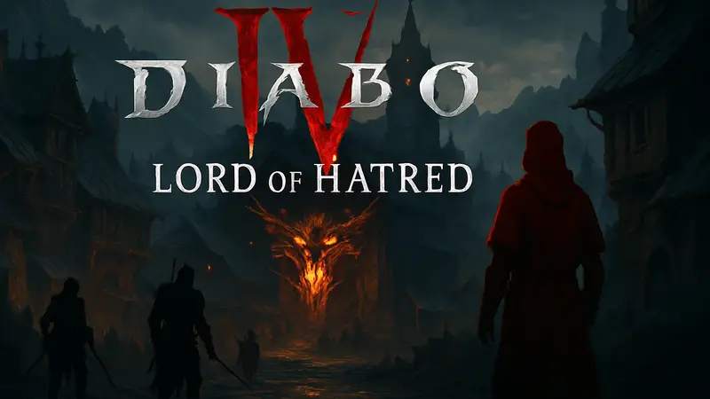 Логотип Diablo 4 Lord of Hatred, указывающий на дату 23 апреля, на фоне игрового мира Санктуария.