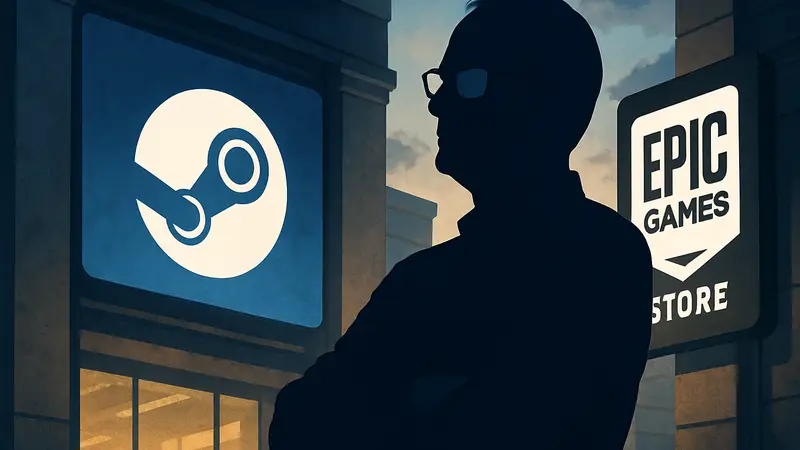 Тим Суини, глава Epic Games, на фоне логотипов Steam и Epic Games Store.