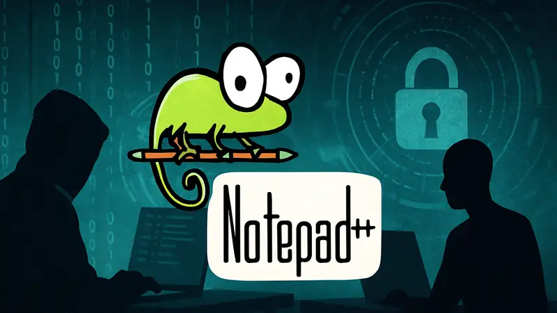 Логотип Notepad++ на фоне символов хакерской атаки и ли кибербезопасности